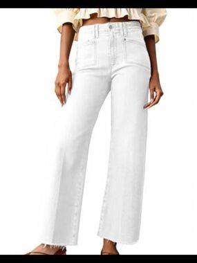 High-Rise Wide-Leg White Jeans with Raw Hem